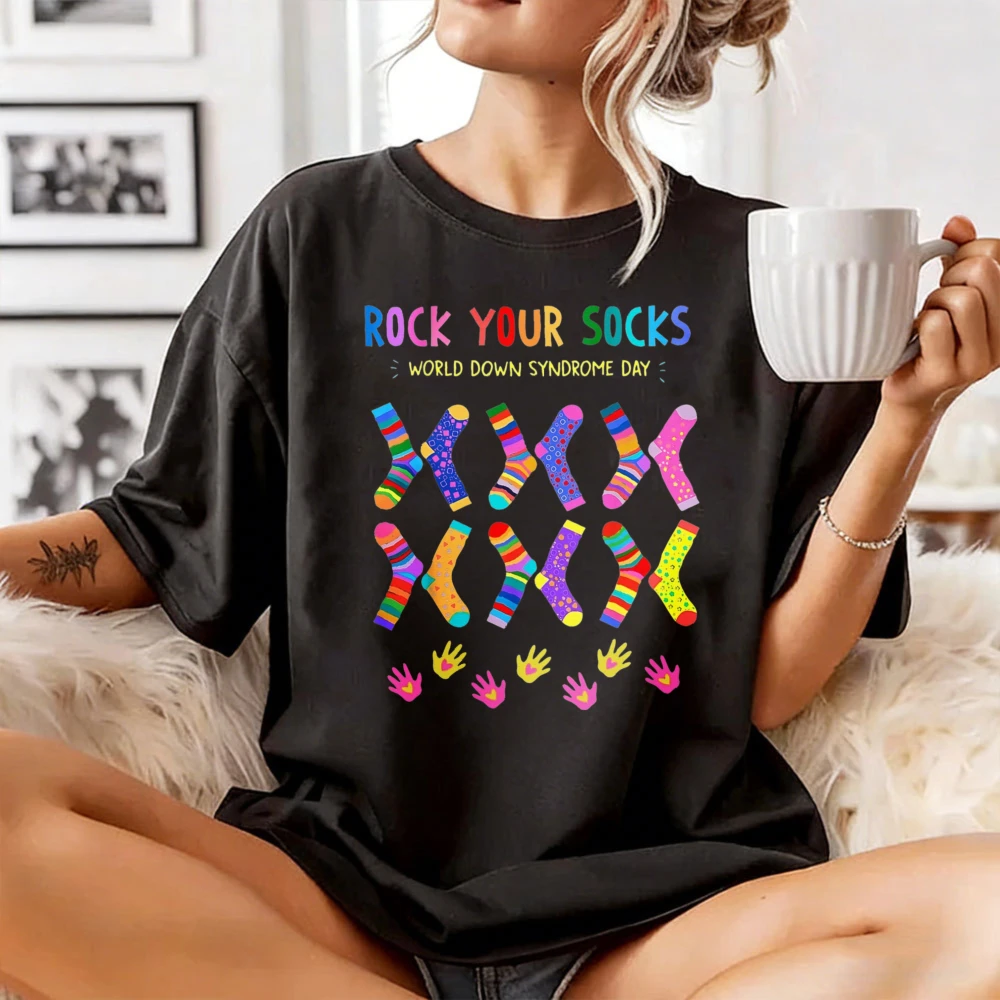 

Rock Your Socks World Down Syndrome Awareness Day Women T Shirt Colorful Socks Handprint Print Tee Down Syndrome Awareness Tops