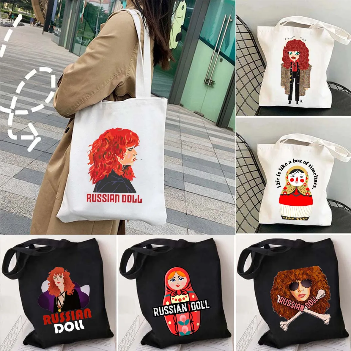 

Russia Matryoshka Netflix A Russian Doll Quote Nadia Vulvokov Natasha Lyonne Shoulder Canvas Tote Bags Shopping Shopper Handbags