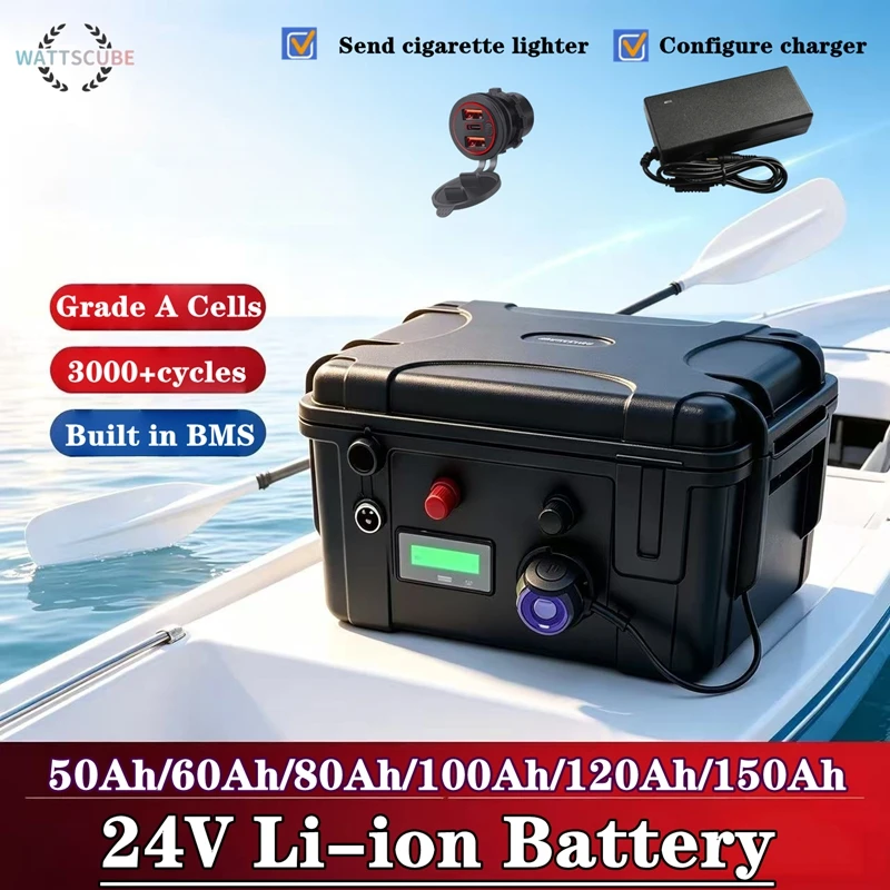 Waterproof 24V Lithium Ion Battery 50Ah-150Ah Applicable to Solar Energy Stora for Boat Thruster Solar Inverter 10A Charger
