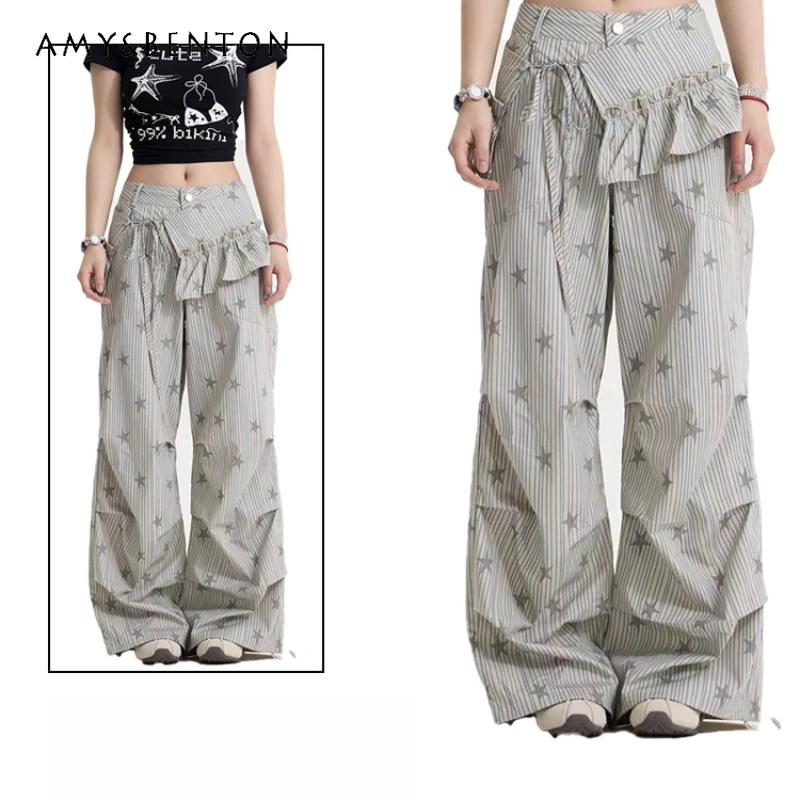 

New American Retro Women's Cargo Pants Original Striped Star Full Print Casual Pleated Wide-Leg Floor-Length trousers Ladies