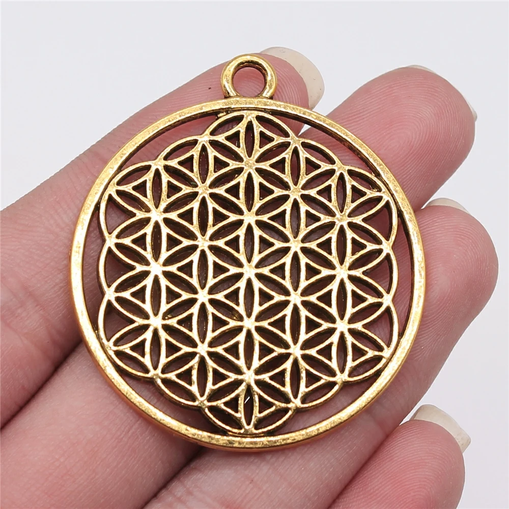 WYSIWYG 2pcs 47x42mm Round Seed Of Life Pendant Round Flower Of Life Pendant Charm Sacred Geometry Mandala Charm