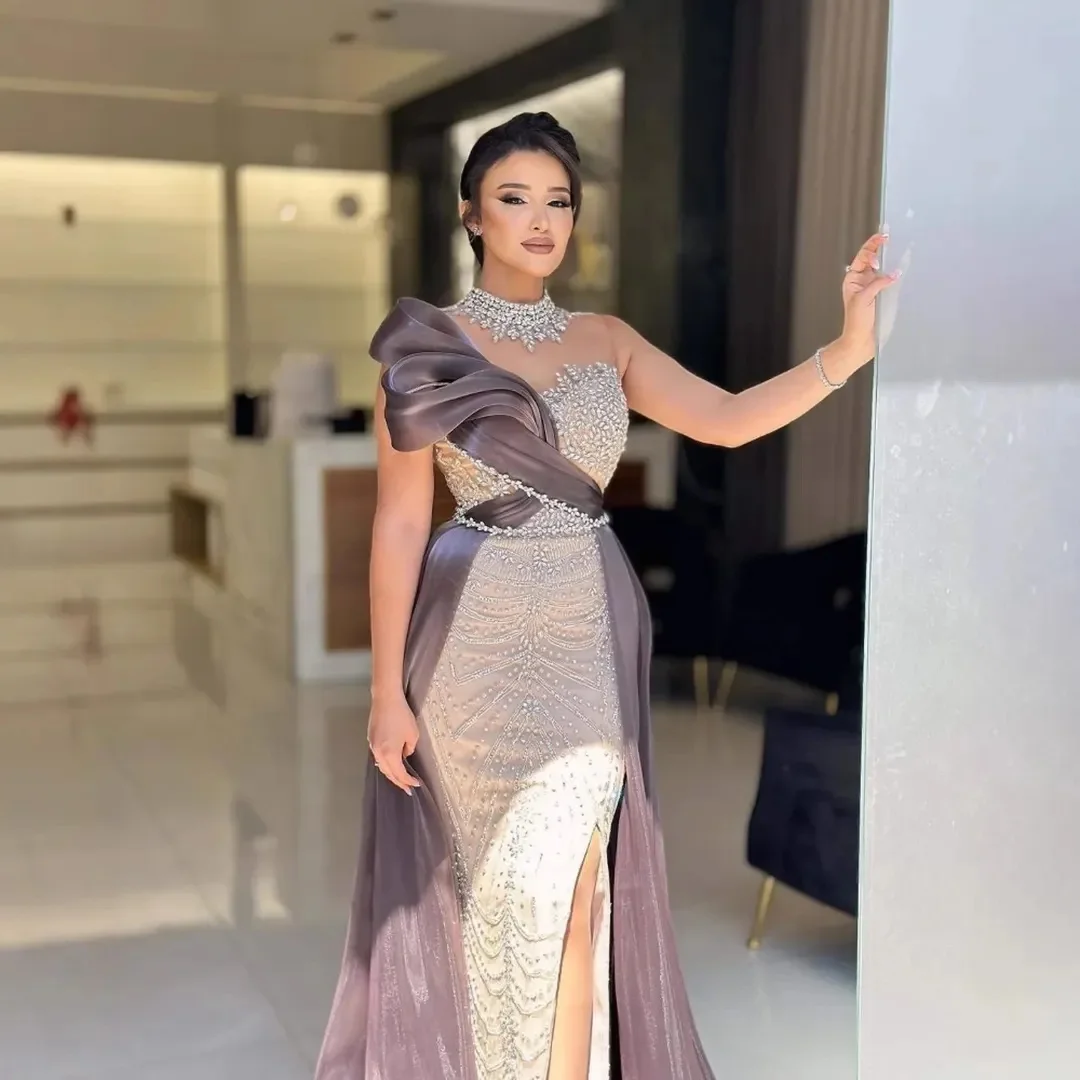 

New Design Sexy O Neck Illusion Beading Crystal Luxury Mermaid Evening Dress Side Slit Floor Length Prom Formal Party Dress