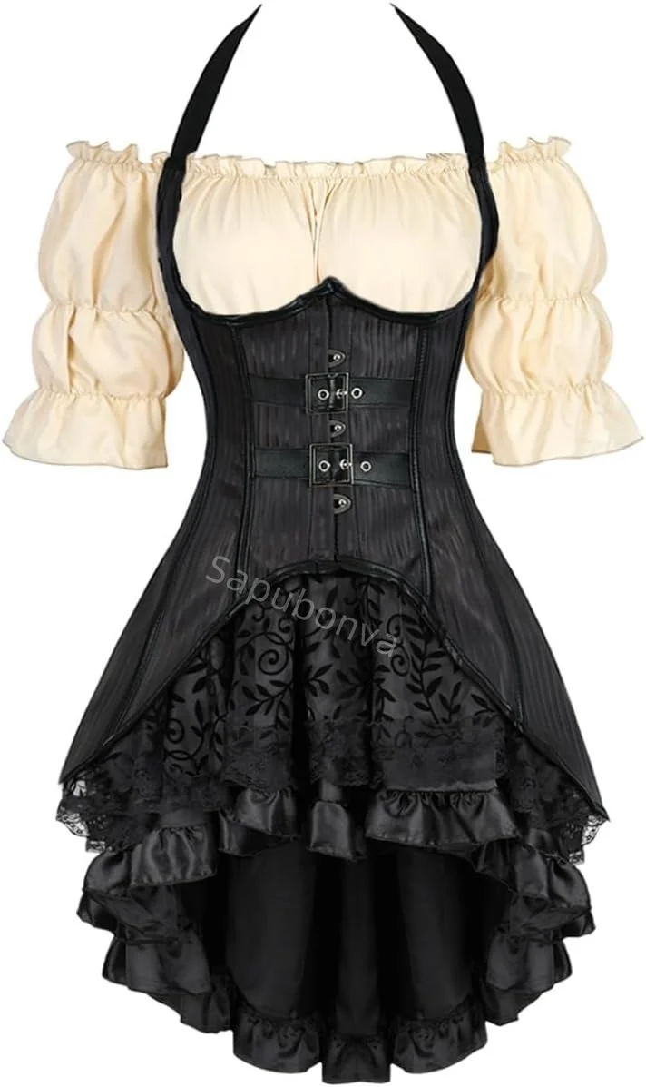 

Pirate Corset Dress Set 3 Set Costume Woman Role Fancy Playt Vintage Gothic Plus Size Burlesque Medieval Renaissance Halloween