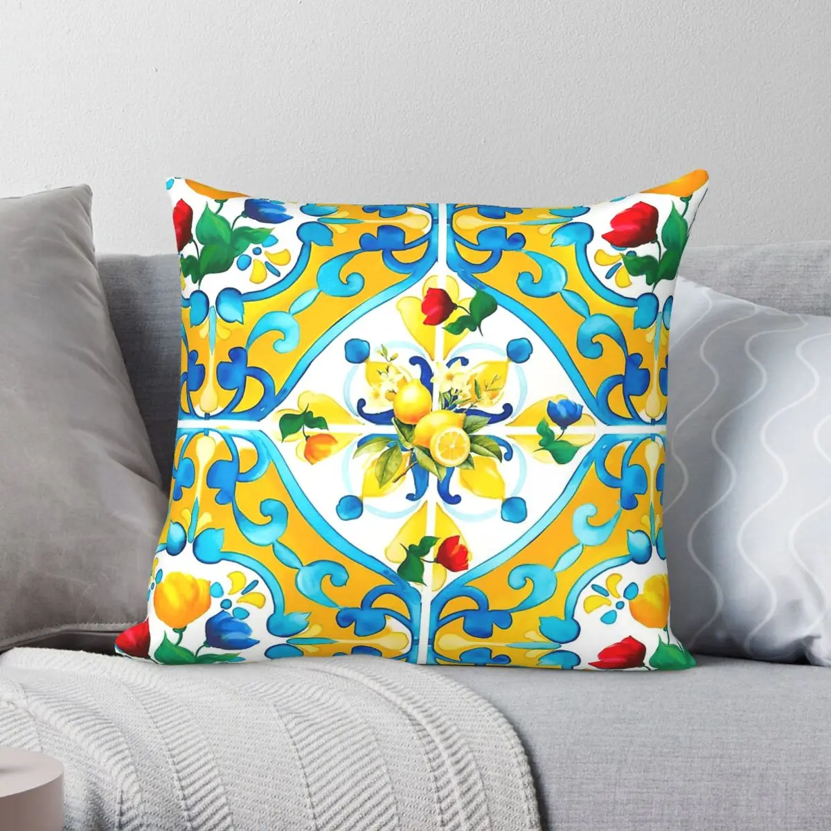 Lemon Citrus Majolica Italian Tiles Square Pillowcase Polyester Linen Velvet Printed Zip Decorative Throw Pillow Case Room 45x45