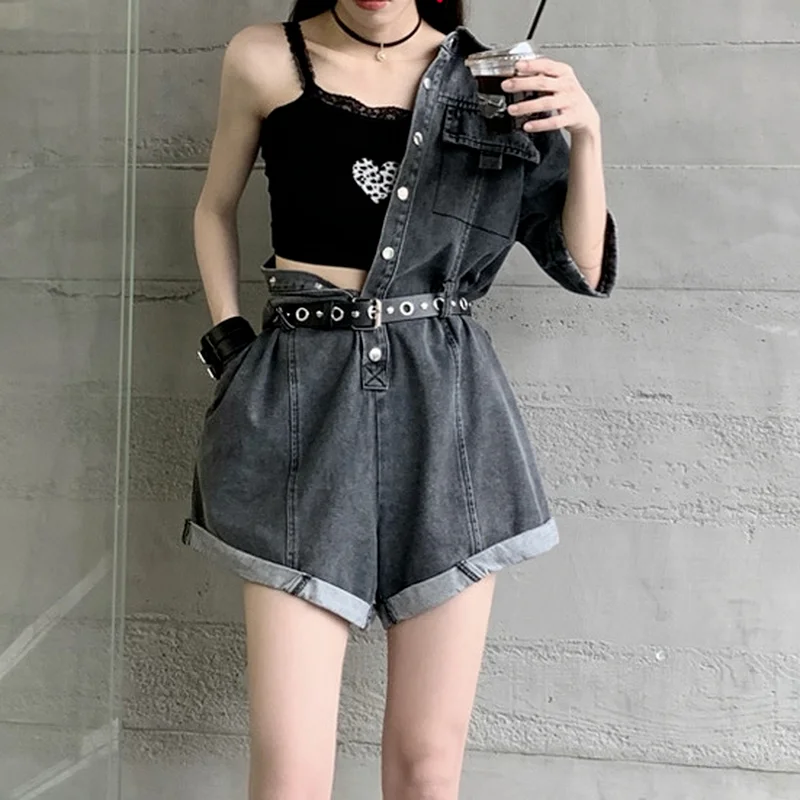 Denim Short Jumpsuit Women's Lapel Zipper Pocket Elastic Waist Retro Loose Wide Leg Jumpsuit Overall Women's Clothing Summer