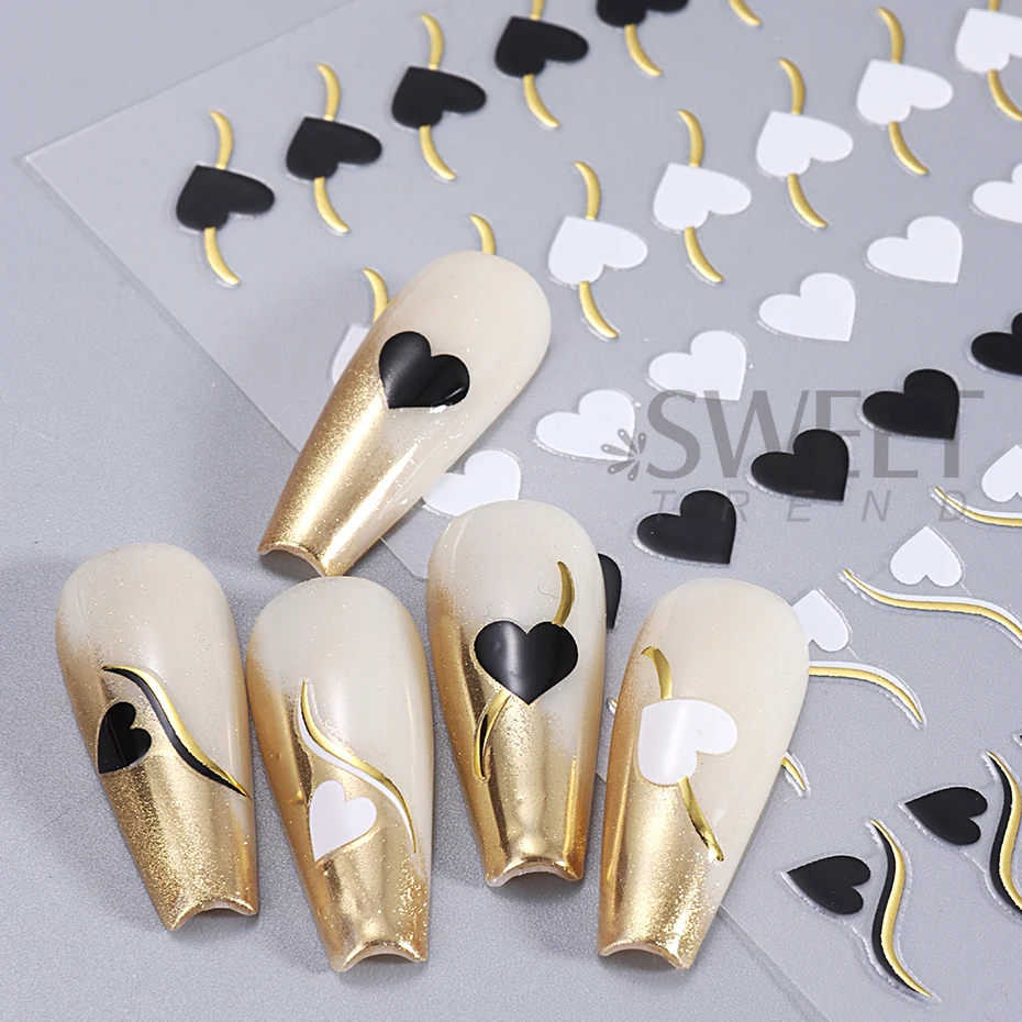 Linha de ouro coração arte do prego adesivos tira metal preto branco vermelho glitter dicas amor carta tema dos namorados decalques manicure sliders