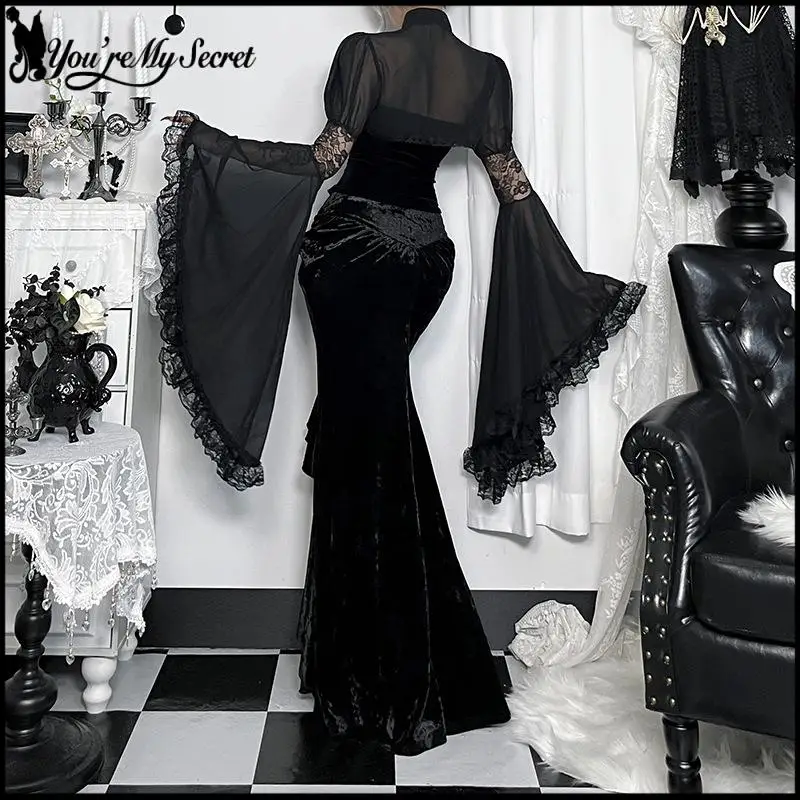 [You're My Secret] Gothic Velvet Mermaid Long Skirt Black Lace Ruffle High Waist Fishtail Skirt Halloween Witch Party Outfits - view 2