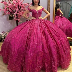 Rose Red Off The Shoulder Ball Gown Quinceanera Dress Beaded Birthday Prom Dresses For Girl Lace Bow Beads Graduation Vestido De