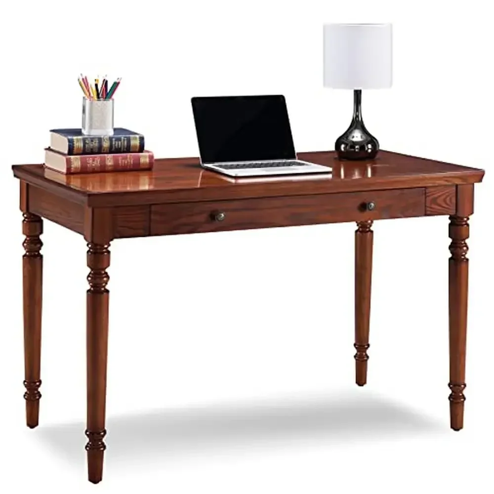 Farmhouse Oak Turned Leg Laptop Desk with Center Drawer Solid Hardwoods and Oak Veneers Ball-Bearing Drawer Guides Drop Down