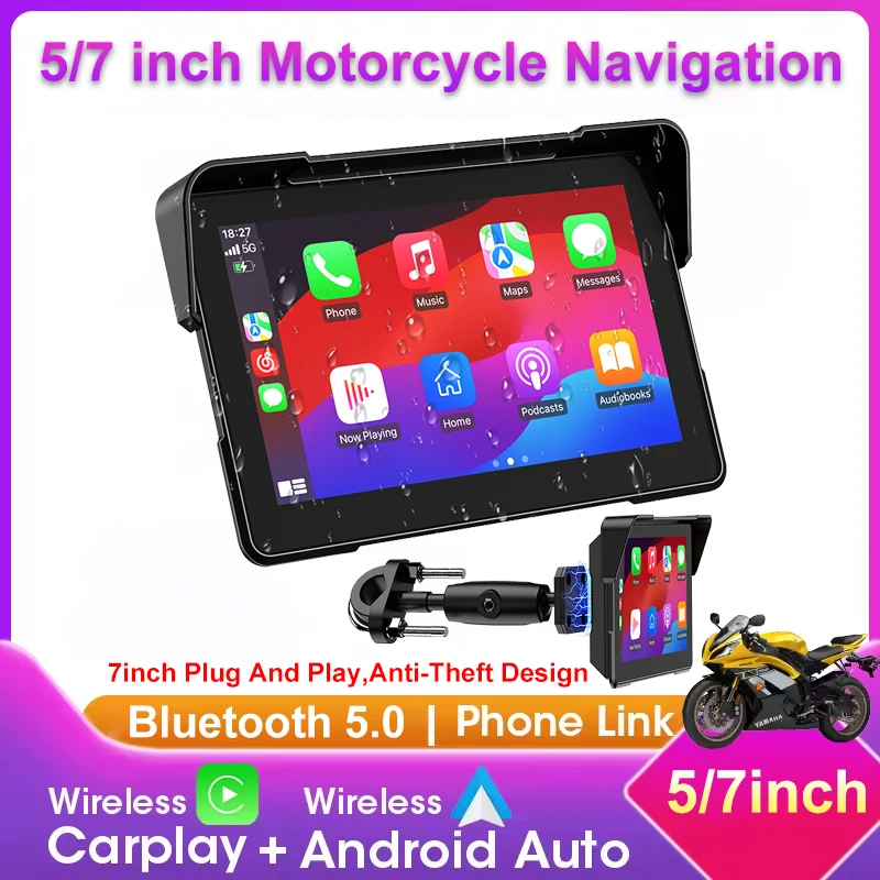

5/7 inch Portable Motorcycle Navigation Display Screen Wireless CarPlay Motorcycle GPS Para Moto Android Auto Monitor Waterproof