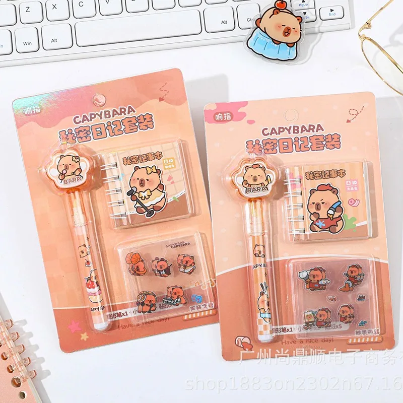 Juego de 2 bolígrafos invisibles de capibara de dibujos animados con cuadernos y pegatinas, papelería para estudiantes escolares, cuaderno de escritura, regalo de cumpleaños