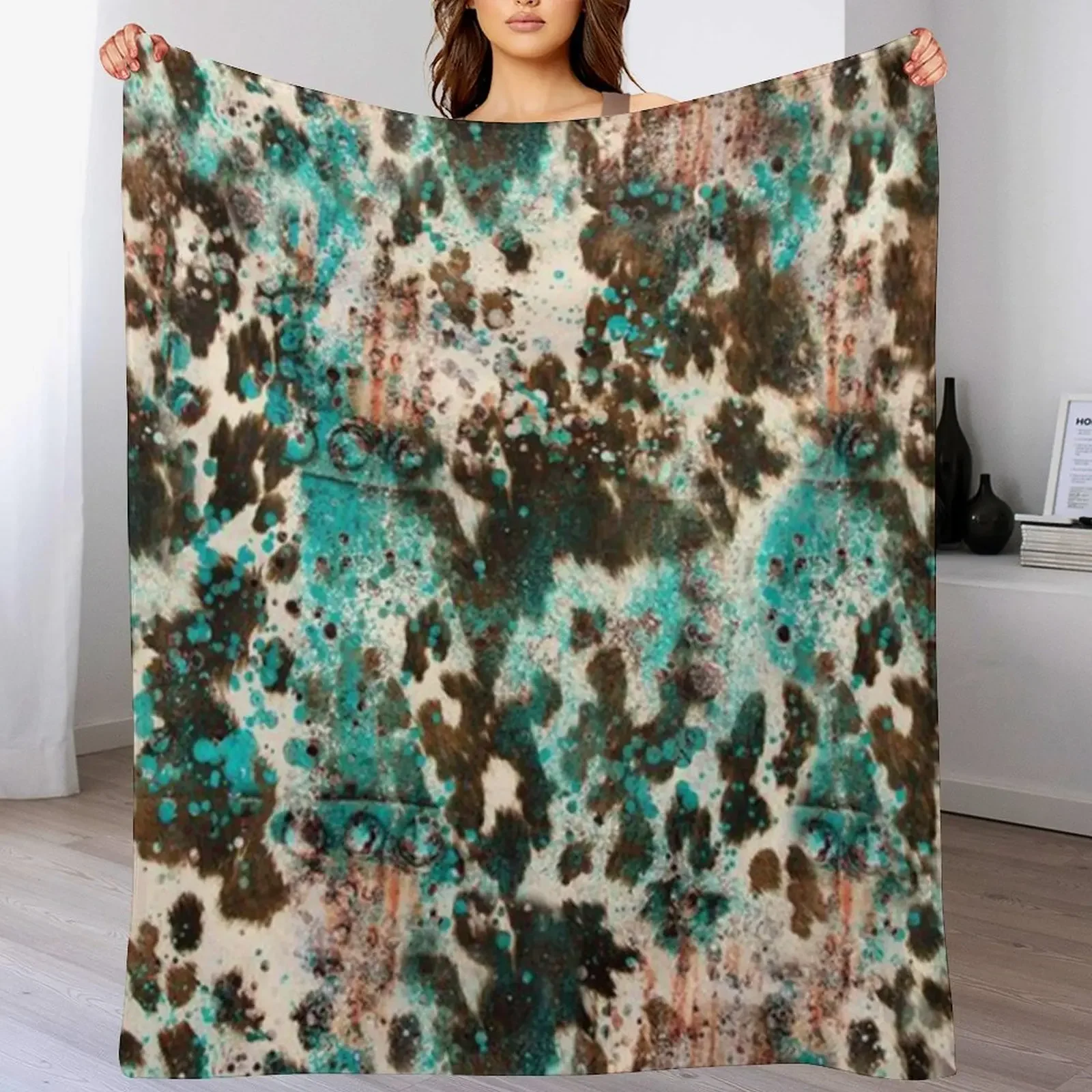 Western Boho Cowhide Turquoise Pattern Throw Blanket Cozy Warm Blanket for Bed Room Decor