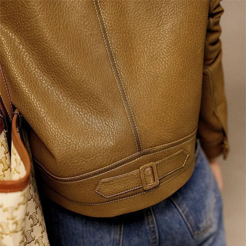 Spring Autumn Faux Leather Ladies Coat Korean Long Sleeves Leather Feminine Tops Fashion Large Size 4XL PU Leather Women Jacket 6