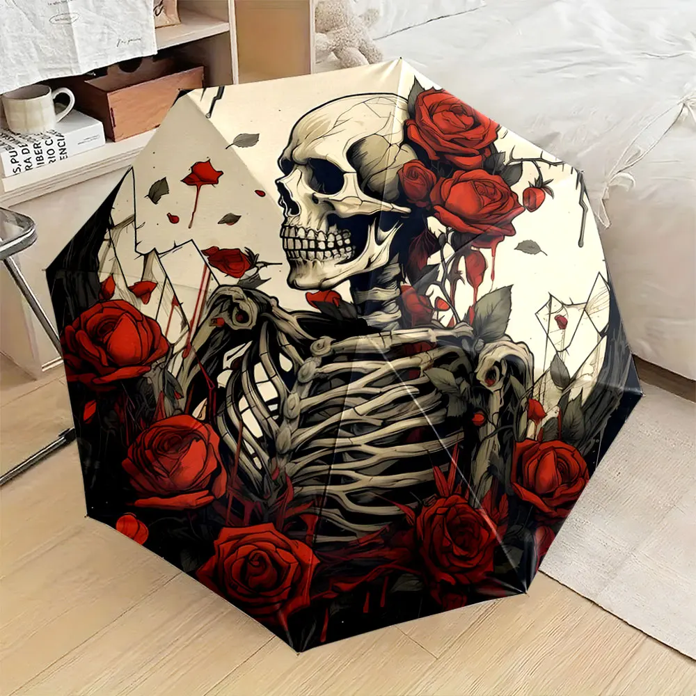 1PC "Skeleton and Roses Artistic Umbrella Design Print 8 Iron Ribs Folding Umbrella Auto-Open Fashion Sunshade