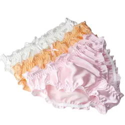 100% mulberry silk solid color triangle underwear with ruffled edges, multi-color satin silk smooth underwear