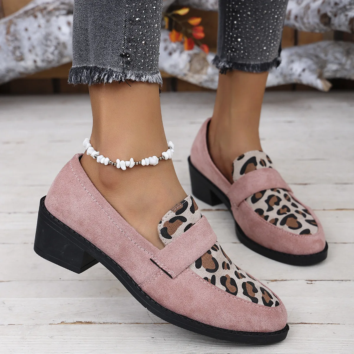 

Women Pumps Spring Autumn Fashion Casual Medium Heel Pointed Toe Leopard Print Shoes Women Comfortable Slip-On Shoes for Women