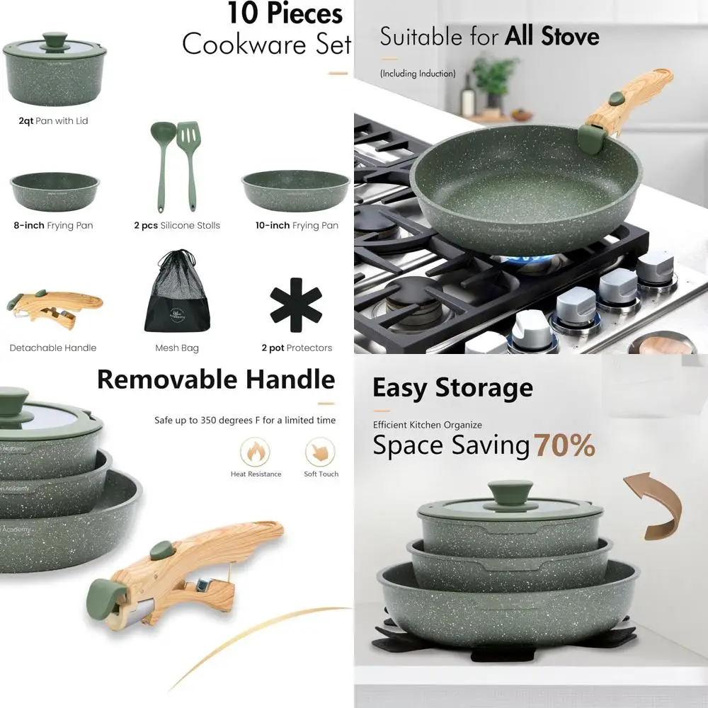 

Non-Stick Detachable Handle Cookware Set, 10-Piece Pots & Pans, RV and Camping Friendly, Oven Safe, PFC-Free, Eco-Friendly Green