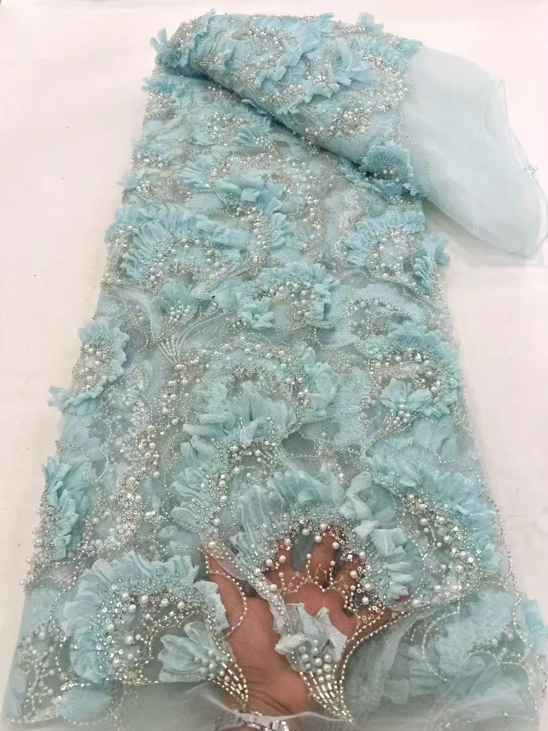 African Lace Fabric 2025 High Quality French 3D Flower Sequins Embroidery Beads Tulle Lace Fabric for Party Dress