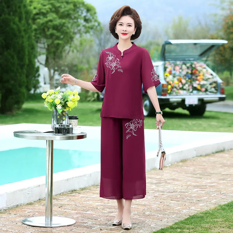 Sets For Women 2 Pieces 3/4 Sleeve Length Spring Autumn Trousers Sets New Middle Aged Mother Outfit Elegant Grandma Suit XL-5XL