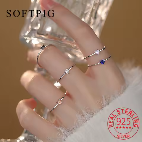 SOFTPIG INS Real 925 Sterling Silver Zircon Heart Adjustable Ring For Women Classic Fine Jewelry Minimalist Accessories