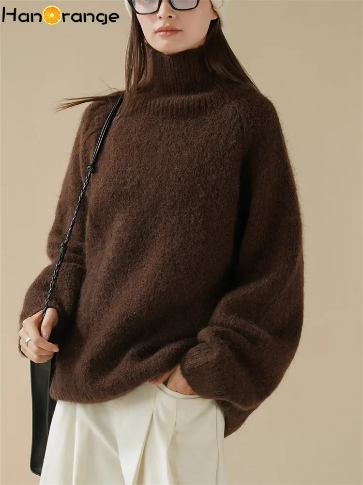 HanOrange 2024 Winter Holiday Feeling Lazy Turtleneck Mohair Sweater Women Warm Wool Top Beige/Coffee/Black