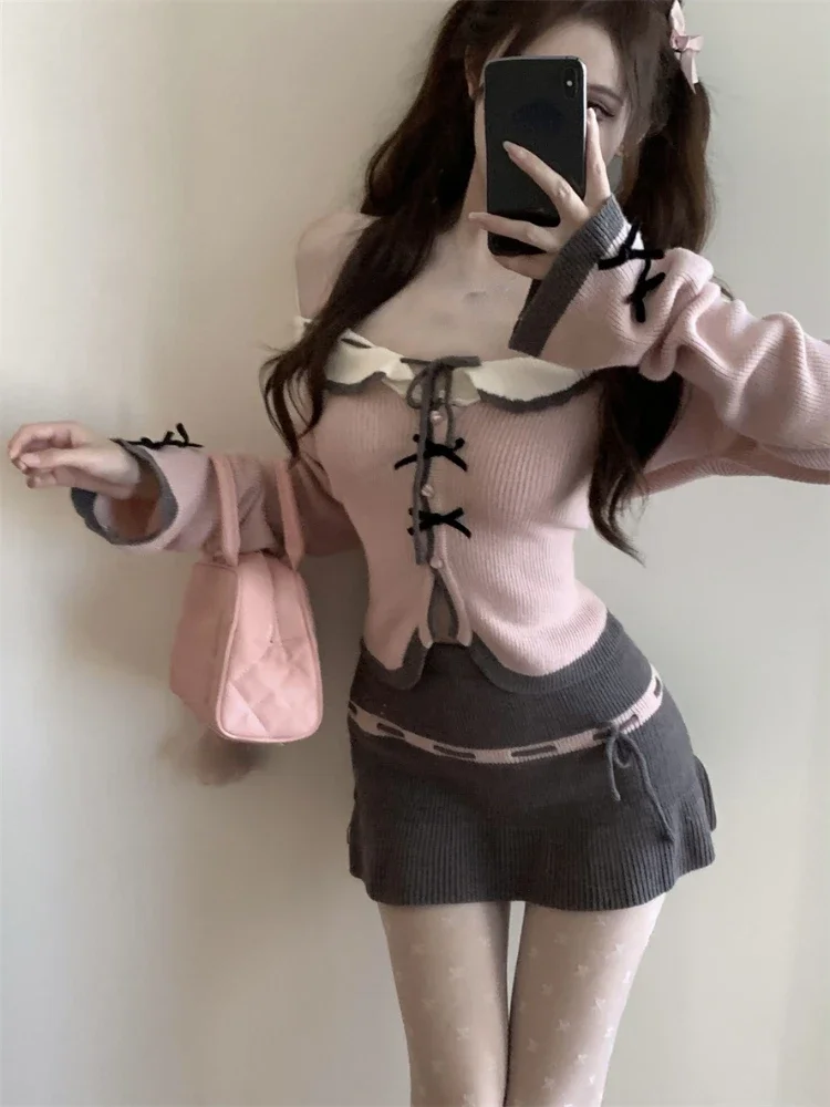 2023 Winter Preppy Style Kawaii Knitted Suit Woman Pink Casual Sweater + Slim Y2k Mini Skirt Cute Fashion 2 Piece Skirt Set Chic