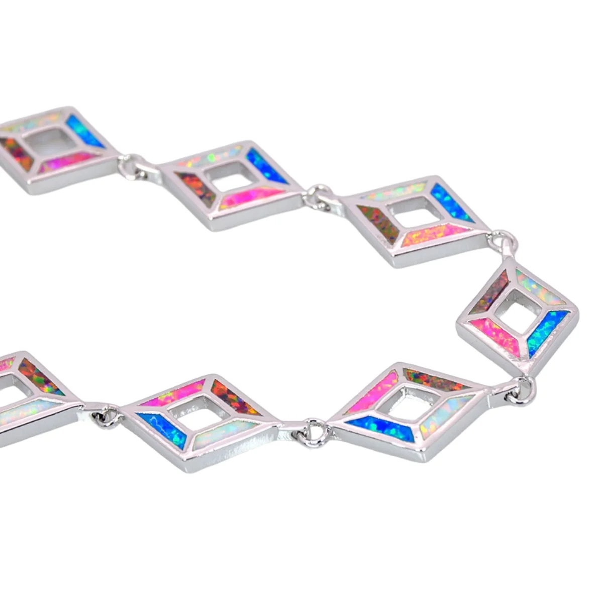 JieLing Multi-Color Opal Rhodium Plated Copper Bracelet Elegant Geometric Link Jewelry Gift for Women Sparkling Heart Charm