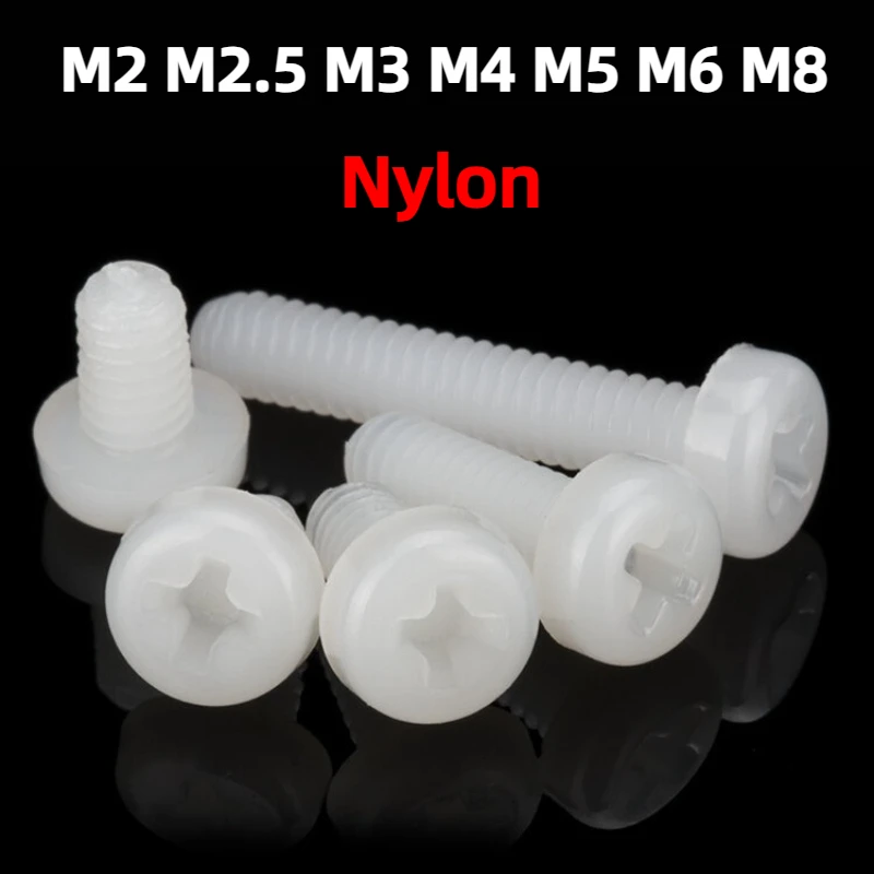 3-30pcs M2 M2.5 M3 M4 M5 M6 M8 White Nylon Plastic Phillips Pan Head Cross Round Screw Bolt Length 4mm-100mm