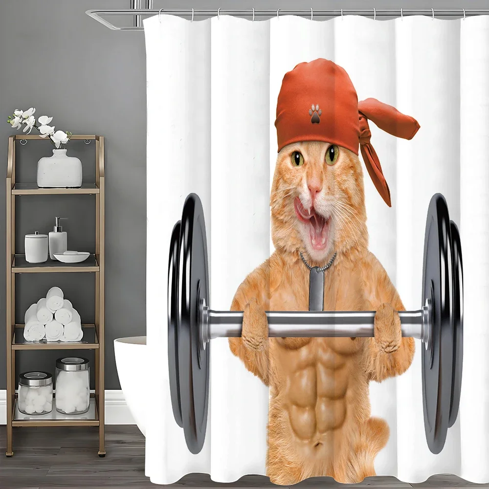 

Забавная занавеска для душа с изображением фитнес-кошки, поднимающей большие гантели, декоративная занавеска для ванной комнаты, водонепроницаемая занавеска для душа