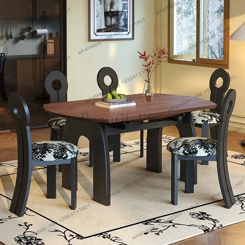 Medieval style dining table solid wood retractable into round French style household jumping table dining table and chair