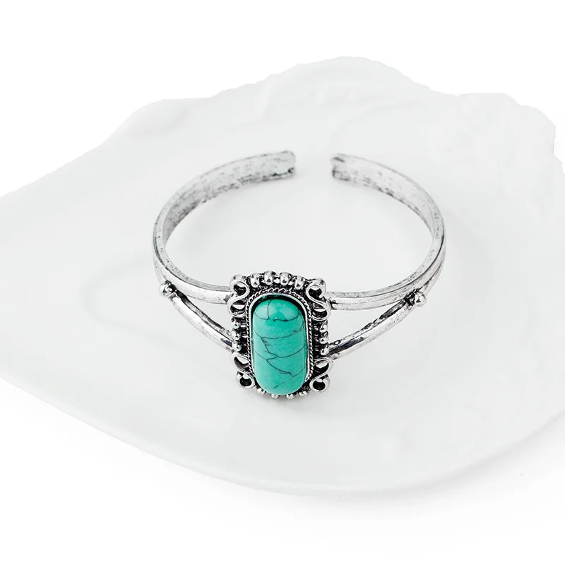 Bohemian Ethnic Style Floral Green Color Stone Opening Adjustable Bracelet Women's Retro Trend Holiday Jewelry Accessories