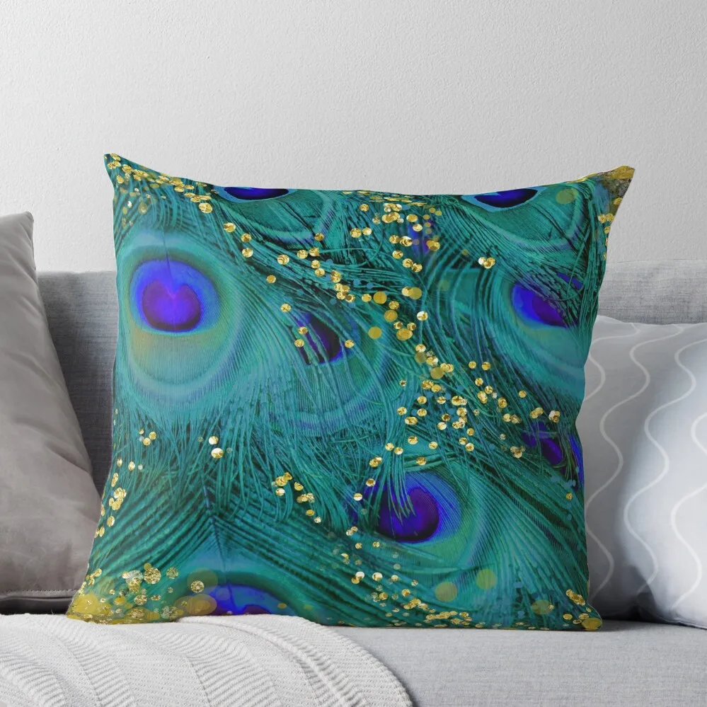 Dreamy peacock feathers, teal and purple, glimmering gold Throw Pillow luxury home accessories ornamental pillows Sofa Cushions