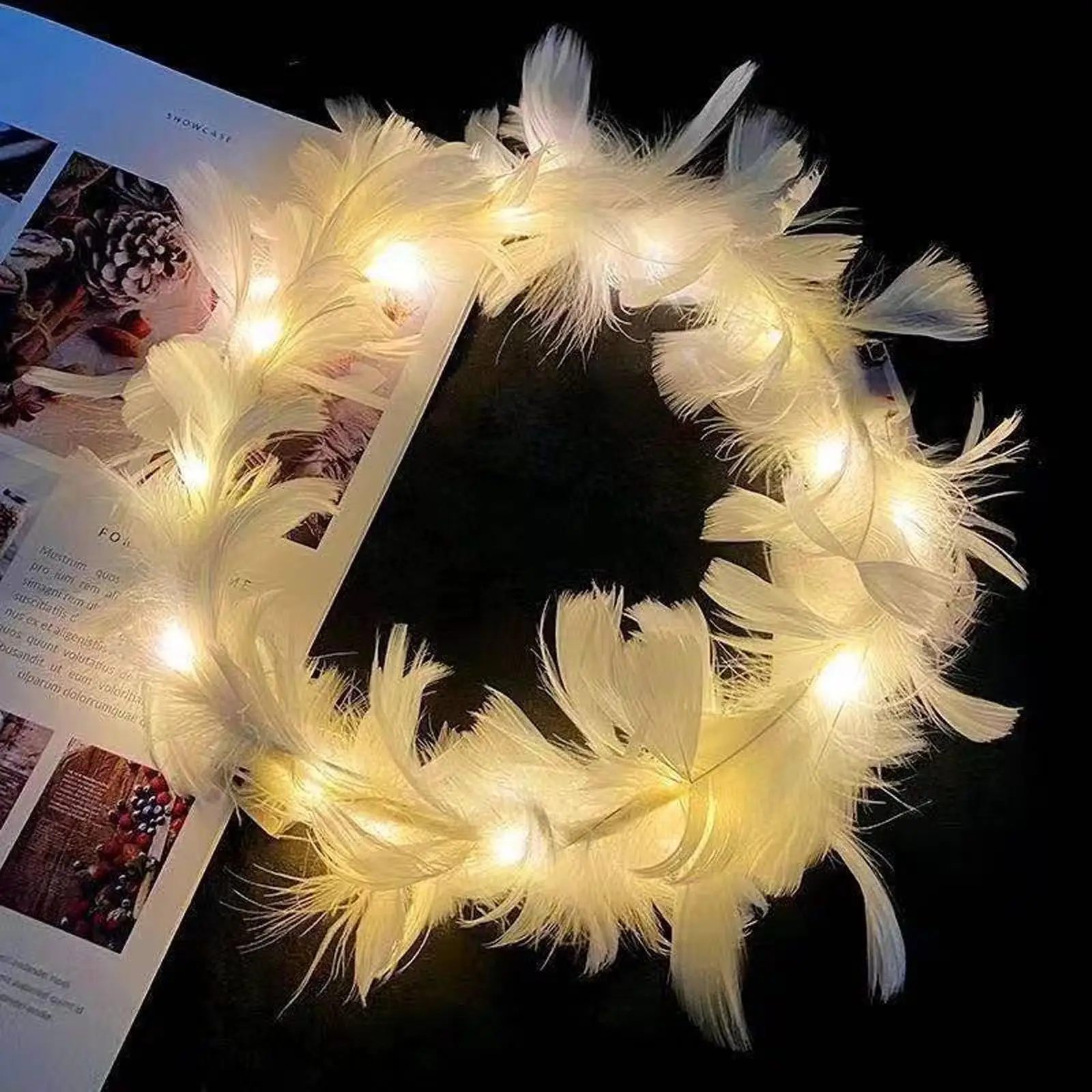 LED Feather Wreath Crown Headband Luminous Light-Up Angel Halo Headbands Women Girls Wedding Christmas Party Headdress Gifts