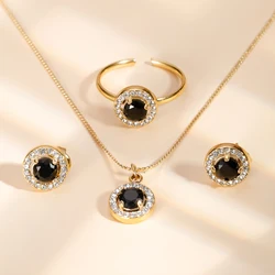 PAXA 3PCS Multicolor Round Cubic Zirconia Stainless Steel Jewelry Sets for Women Earrings Necklace Rings Fashion Elegant Jewelry