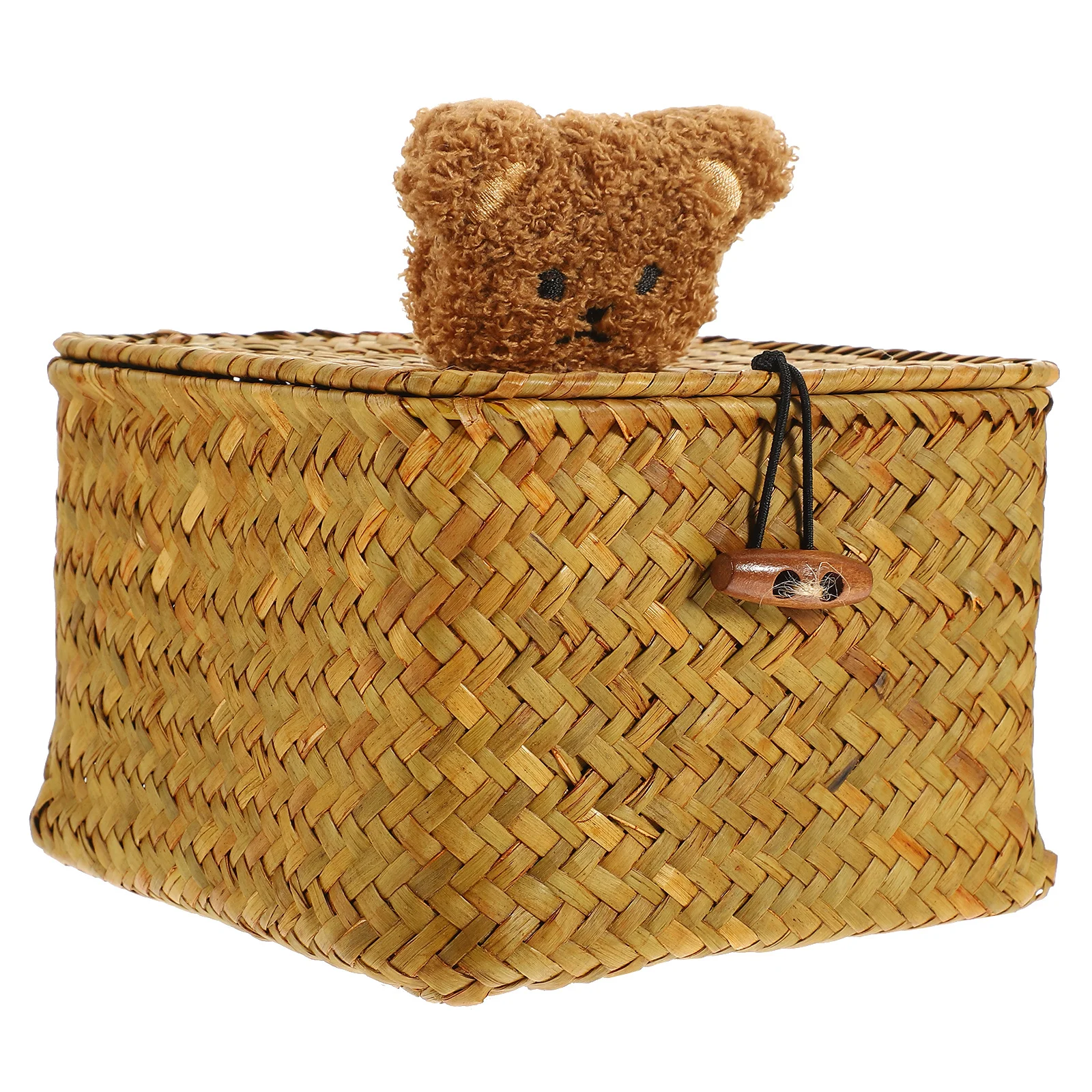 Cartoon Bear Storage Box Seagrass Woven Basket With Lid For Snacks Fruits Home Decor Shelf Organizer Bin