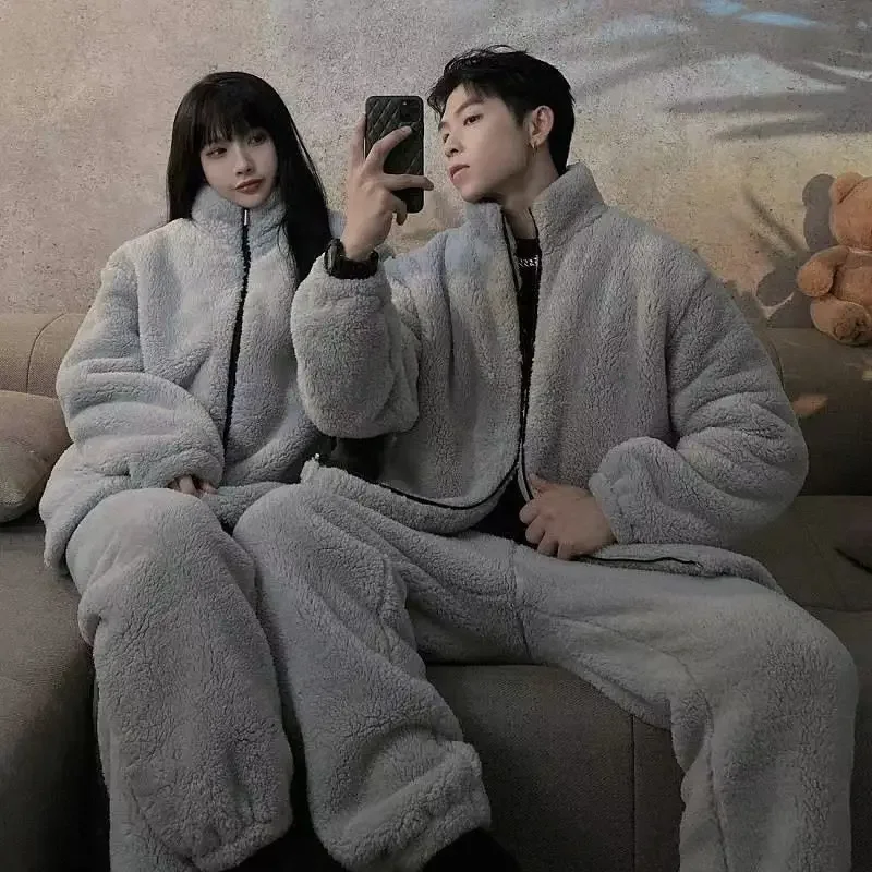 Winter New  Fleece Warm Man Pajamas Round Neck Cardigan 2 Piece Outfit Set Mans Fashion Solid Color Pajama Sets for Man