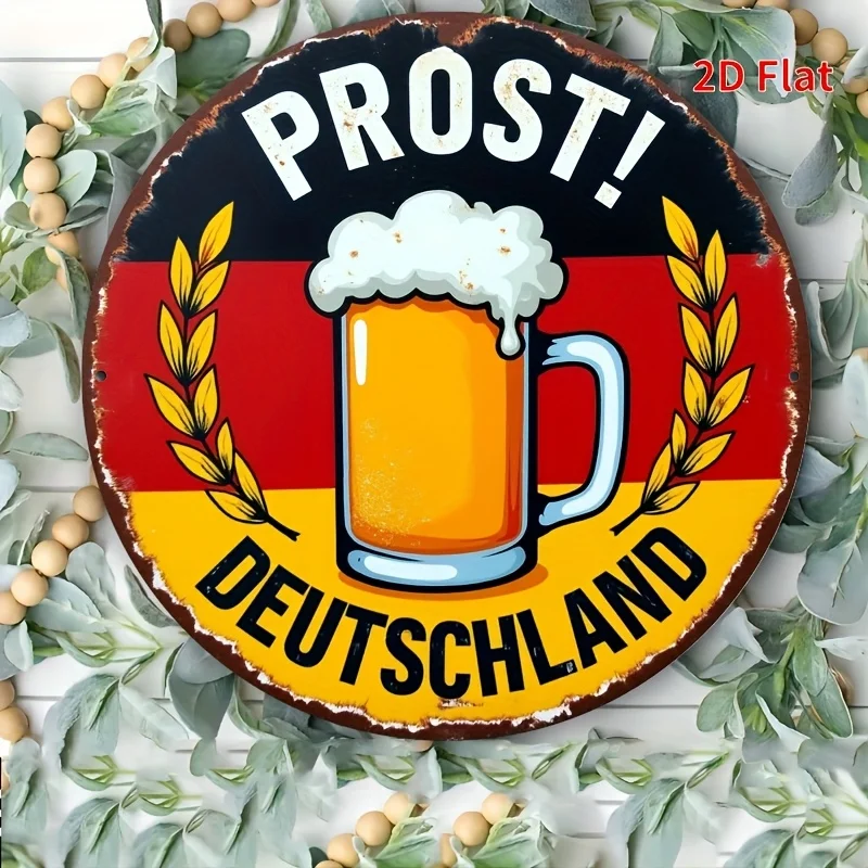 [2D Plano] 1 unidade Placa de Metal Vintage Alemã de Cerveja 'Prost' - Decoração de Parede Redonda de Alumínio 20x20cm com Design Festivo, Durável