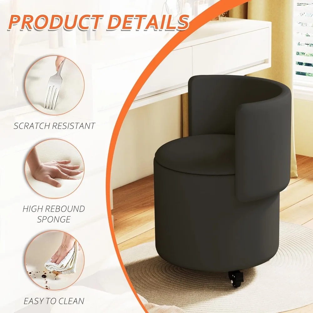 كرسي مستدير مع مساحة تخزين، كرسي مكياج دوار من جلد البولي يوريثان مع ظهر قابل للطي، عثماني منجد لـ B #6