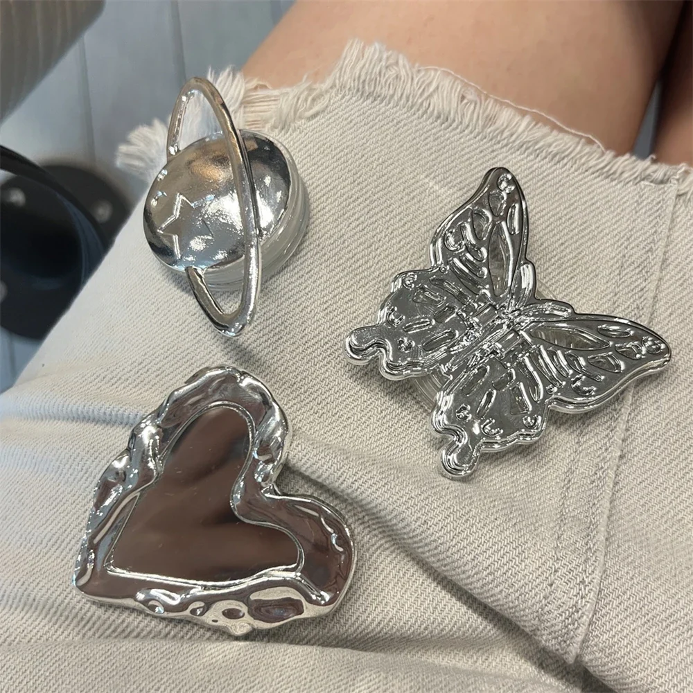 3D 실버 나비 하트 거울 금속 브래킷, 휴대폰 그립톡, 그리톡 거치대, 아이폰 15 액세서리, 행성 스탠드 링