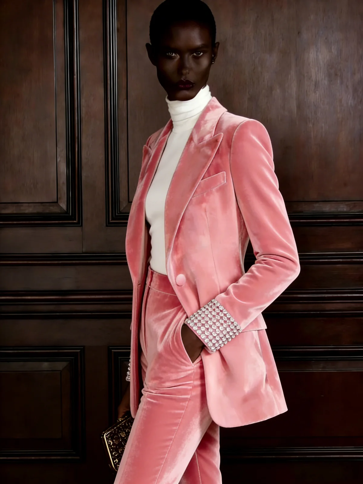 الوردي المخملية مطرز الكفة النساء السراويل الدعاوى سليم صالح السترة السراويل المستقيمة مخصصة الشتاء سيدة ارتداء الرسمي مساء حزب الزي