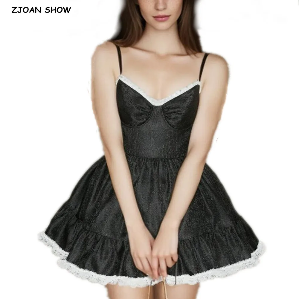 فستان قصير مثير من الساتان الأسود موديل 2025 فستان نسائي قصير بآذان خشبية مقسمة على شكل حرف V بحاشية منخفضة الصدر فساتين حفلات متأرجحة رداء