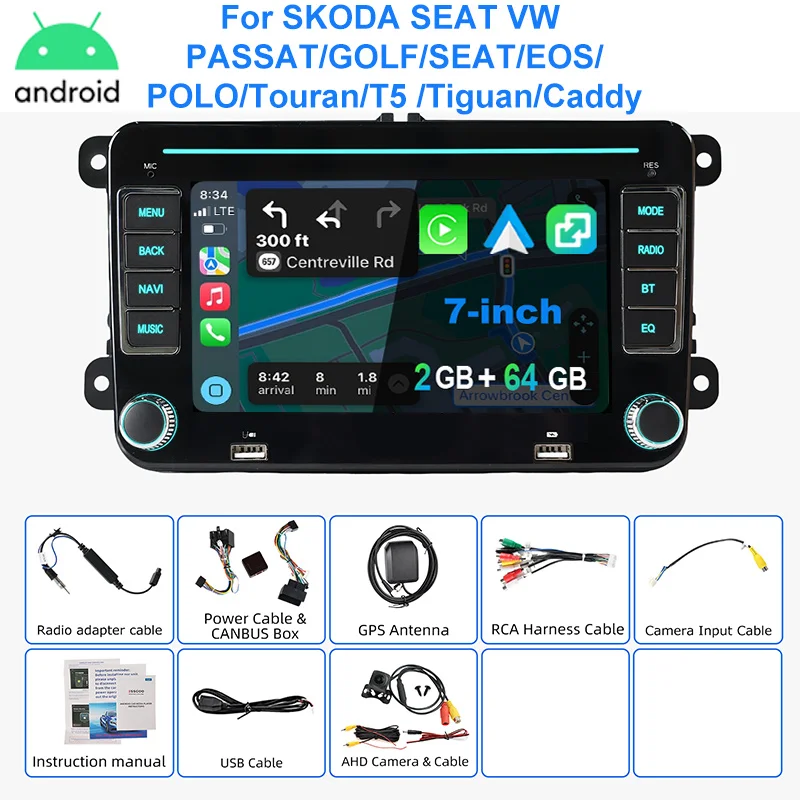 Autoradio ESSGOO Android 15 7 Inch voor VW Golf 5 6 Passat Polo 6R Touran Tiguan Caddy EOS Jetta Seat Skoda met Draadloze Carplay Android Auto GPS Navigatie RDS FM Bluetooth WIFI Stuurwielbediening