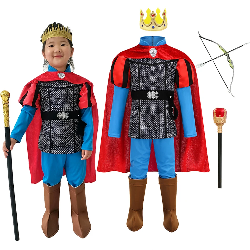 Boys Medieval Knight Costume with Red Cape Chainmail Vest Blue Tunic Pants Boot Covers Kids Prince Cosplay Outfit for Halloween