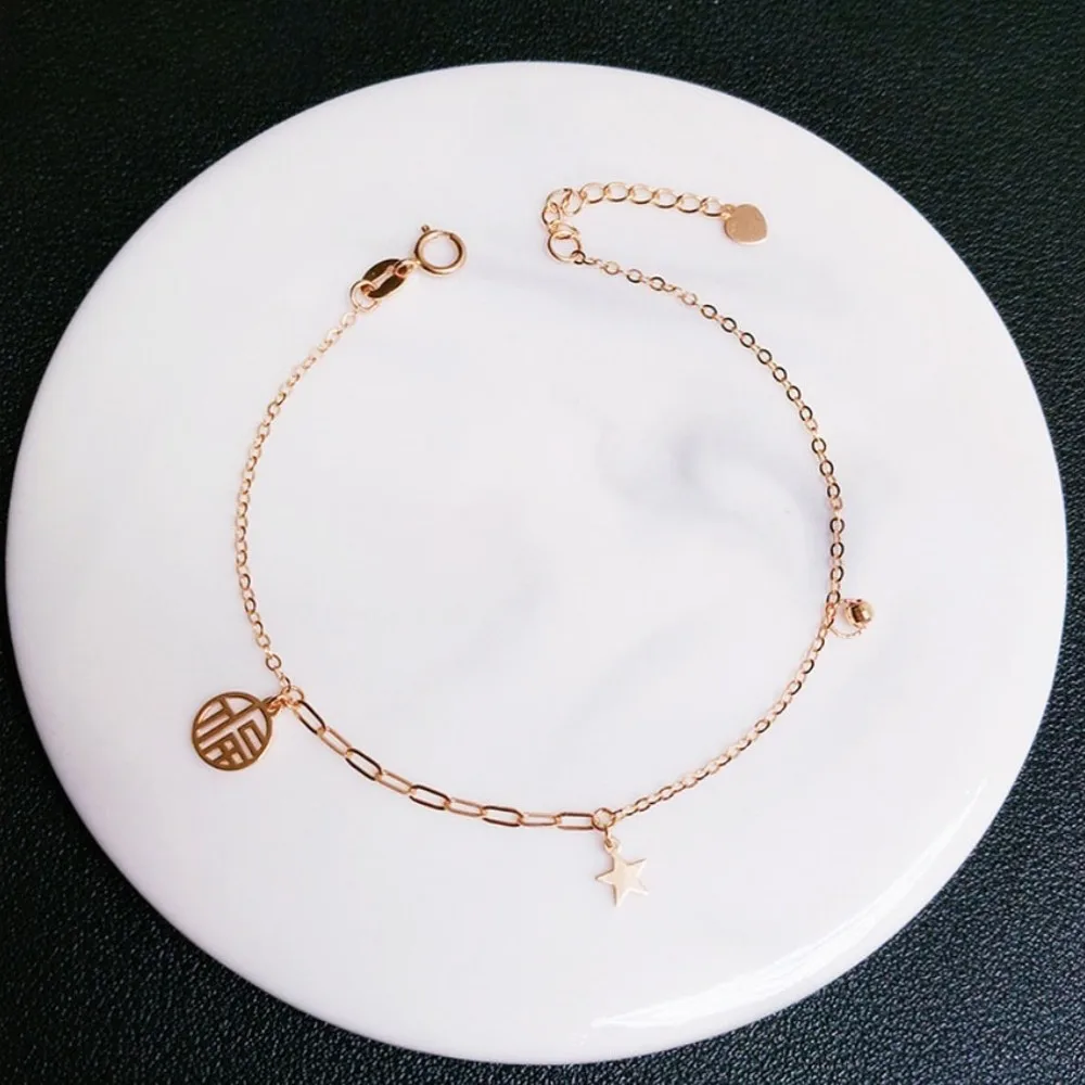 

Real Pure 18K Rose Gold Chain Women Star Fu Bead Square Cable O Link Bracelet 1.2g
