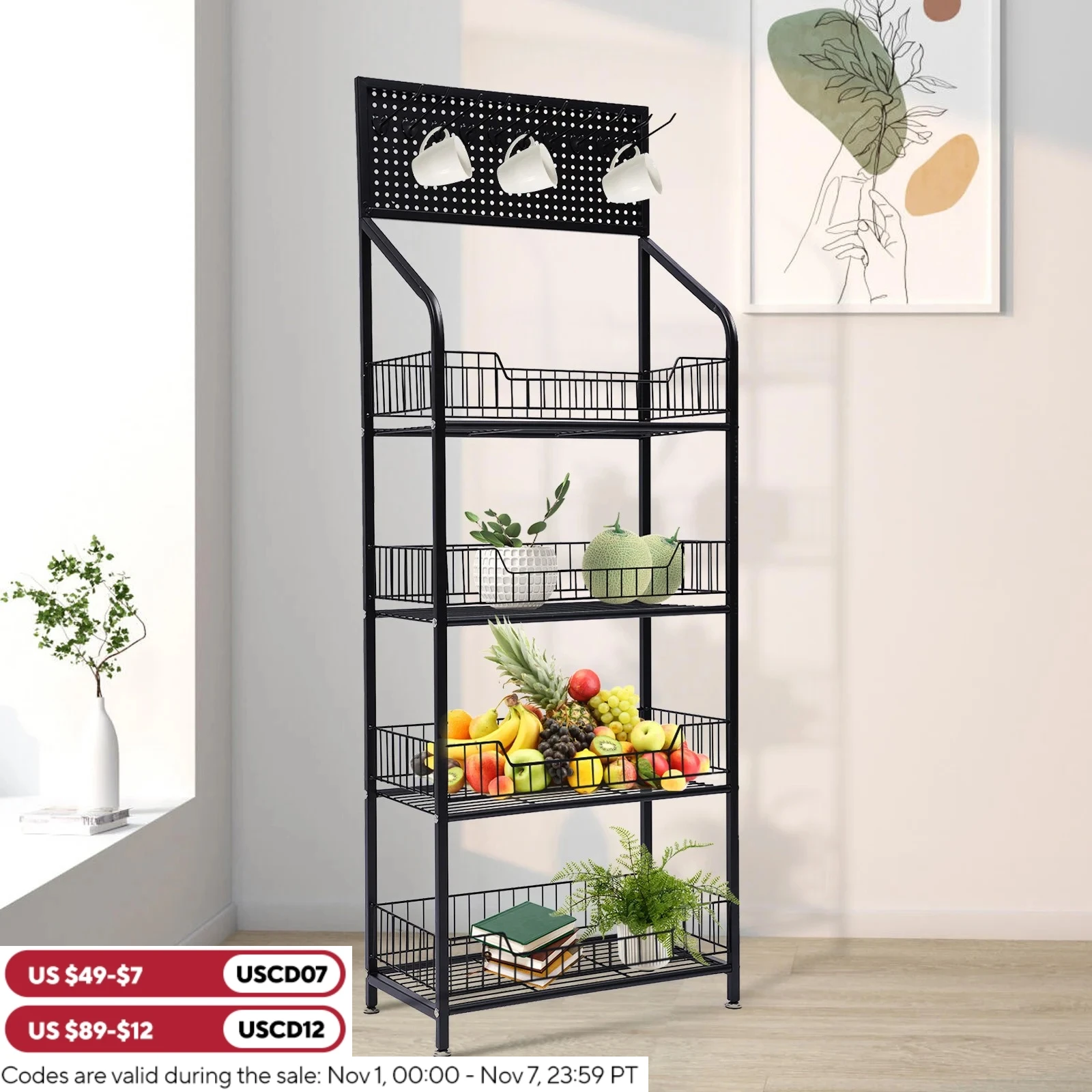 

4-Tier white & black Metal Storage Rack, High-Quality Cold-Rolled Steel with Lockable Wheels for Easy Movement