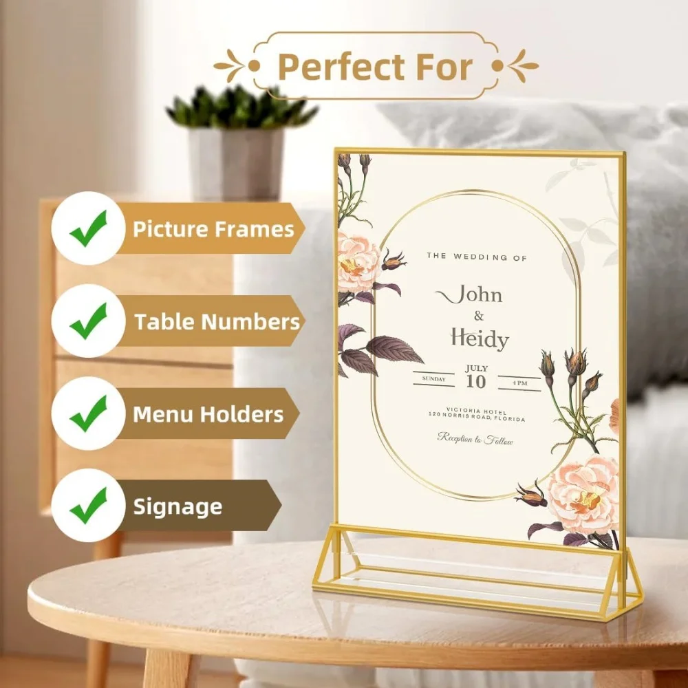 6 Pack Gold 4x6 Acrylic Picture Frame Sign Holder Double Sided Clear Display Stand for Wedding Table Numbers Menu Organizer view 5