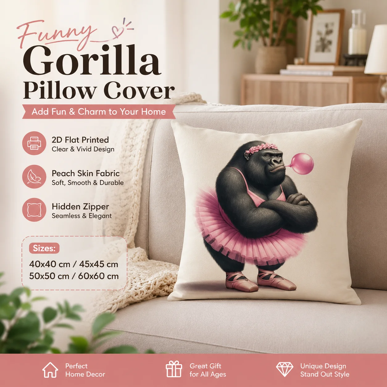 

Funny Ballet Gorilla Pillowcase Peach Skin 2D Flat Printed Cushion Cover Bubblegum Ape Throw Pillow Case Living Room Sofa