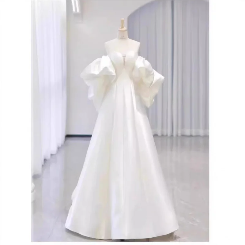 White French Style High-End Dress Off-Shoulder Puff Sleeve Light Main Wedding Dress New Bride Exit Veil Reception