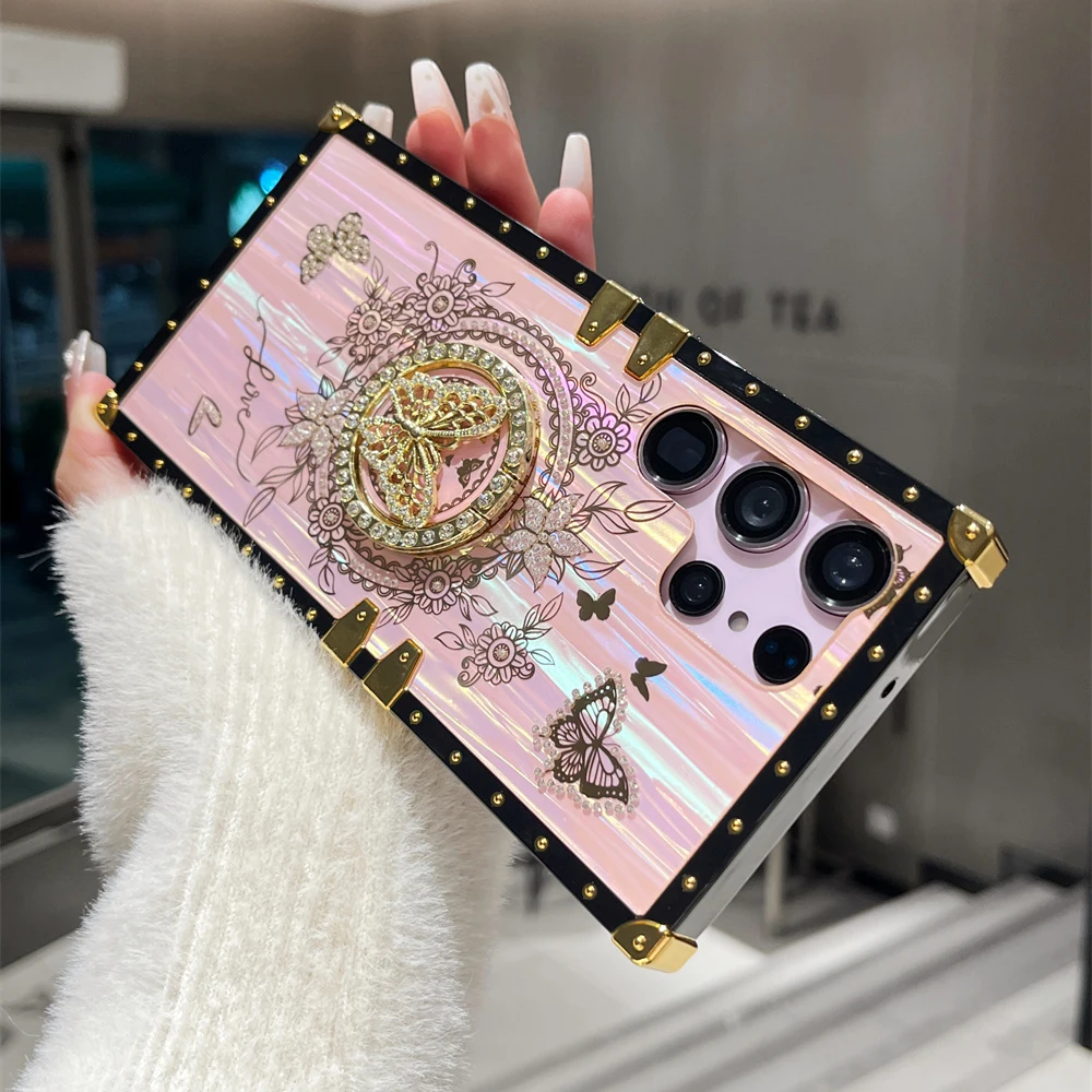 Glitter Butterfly Stand Holder Aurora Box Phone Case For Samsung S25 S24 S23 Ultra S21 S22 Plus Finger Ring Fold Bracket Cover image 2