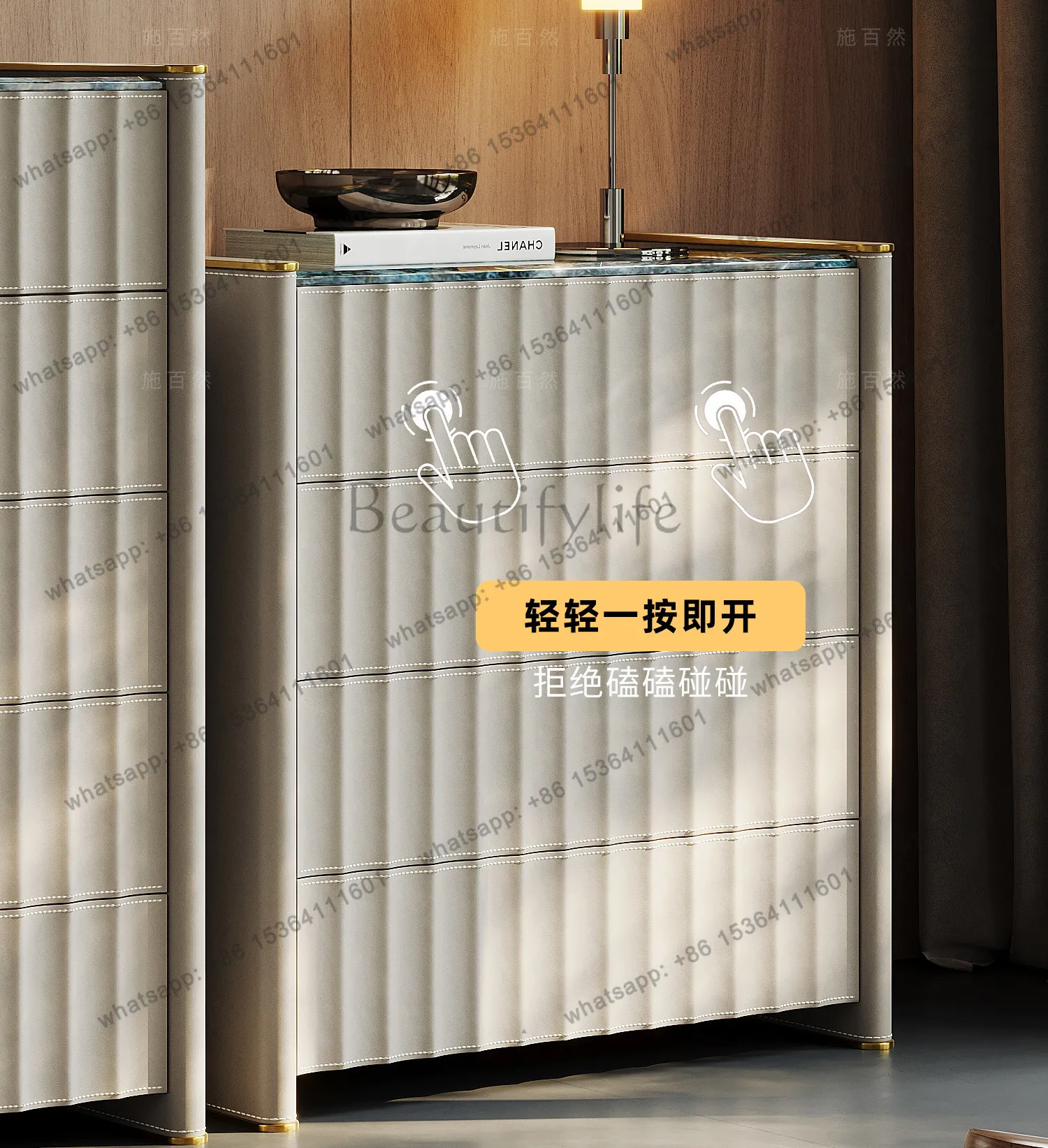 Marble chest of drawers light luxury high-end saddle leather solid wood bedside storage cabinet